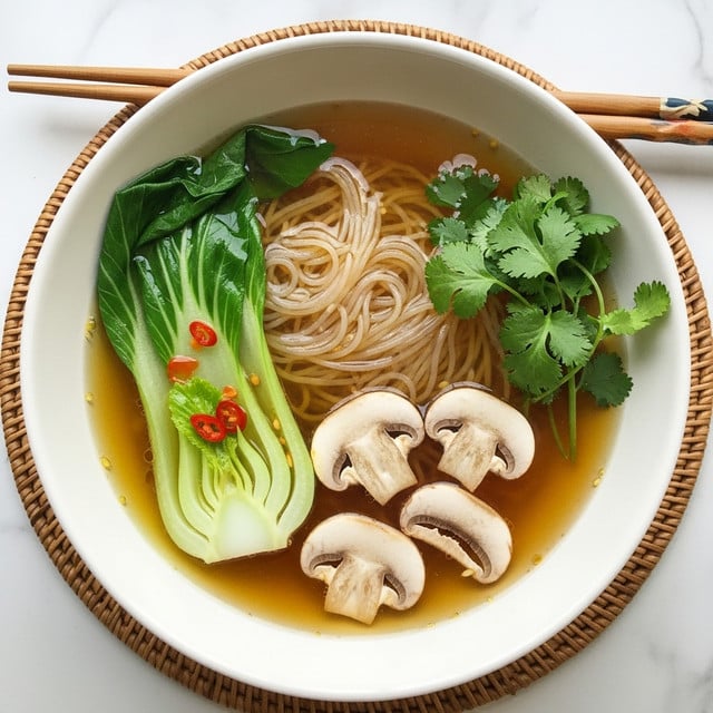 A white bowl filled with clear golden-yellow broth soup. Inside the soup, there are thin translucent noodles spread out in the middle layer. Three light brown sliced mushroom pieces float on top, near the bottom half of the bowl. A small bunch of fresh green cilantro leaves rests on the right side near the edge. On the left side, a piece of bok choy with dark green leaves and white stalks is partially submerged, with some red chili drops sprinkled on the surface. The bowl sits on a round woven mat on a white marbled surface, with a pair of wooden chopsticks laying behind the bowl. Photo taken with an iphone --ar 4:5 --v 7