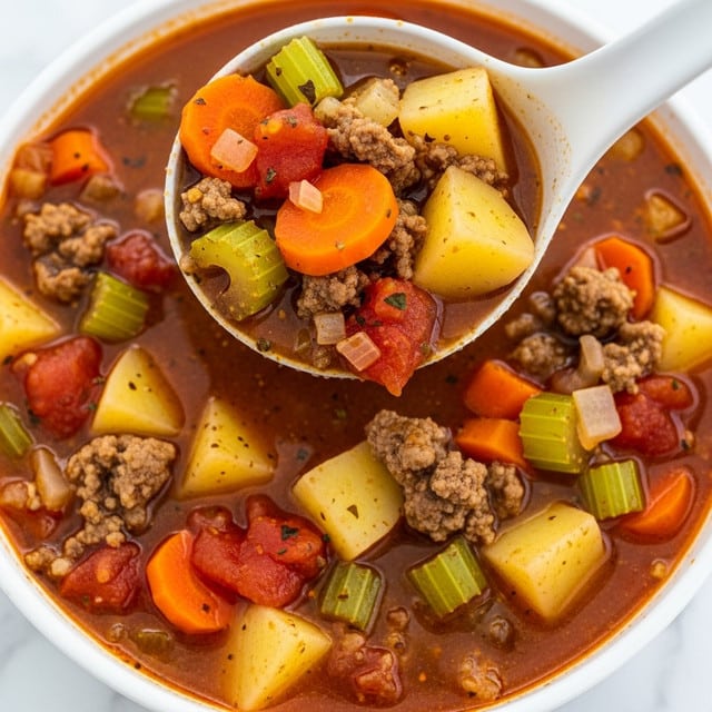 A close-up view of a rich, chunky soup with many layers of ingredients in a deep reddish-brown broth. The soup has visible pieces of soft yellow potato chunks, bright orange carrot slices, green celery pieces, and crumbled browned ground meat scattered evenly throughout. There are also diced red tomatoes adding a pop of color, all mixed in a thick, oily broth with herbs and spices seen on the surface. A white ladle filled with this soup is held above, showing the layers of vegetables and meat clearly in the thick liquid. The whole scene rests on a white marbled surface. photo taken with an iphone --ar 4:5 --v 7
