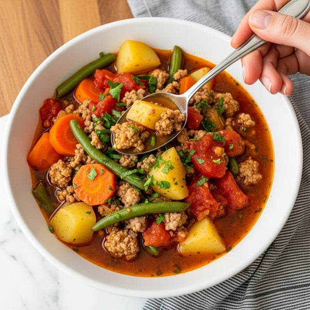 A white bowl filled with a rich stew showing many layers of ingredients; at the bottom an oily, deep red broth, mixed with chunks of light brown ground meat, bright orange carrot slices, green string beans, yellow potato pieces, and diced red tomatoes. The stew is sprinkled with finely chopped green herbs on top. A woman's hand holding a silver spoon is lifting some of the stew from the bowl. The bowl sits on a wooden surface with a white marbled texture underneath, and there is a gray and white striped cloth nearby. Photo taken with an iphone --ar 4:5 --v 7