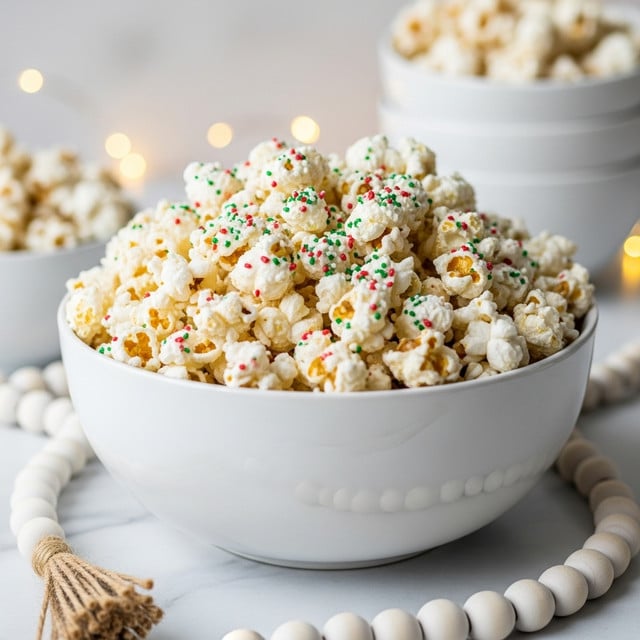 A clear glass bowl filled with white popcorn, sprinkled with small red and green star-shaped sugar sprinkles, sitting on a white marbled surface. The popcorn looks fluffy and soft with a few tiny crunchy pieces mixed in. The colors of the sprinkles add a festive touch on top of the pure white popcorn. The background is blurred and shows a hint of red with white dots, giving a cozy, holiday feeling. Photo taken with an iphone --ar 4:5 --v 7