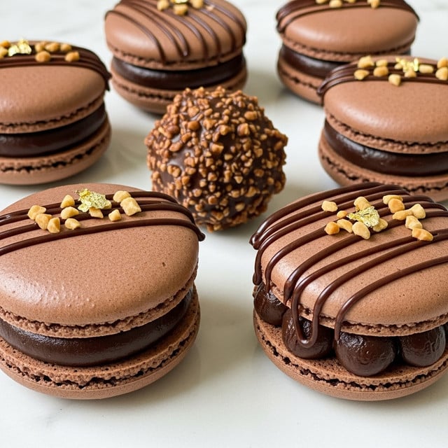 The image shows a close-up of a group of chocolate macarons and a chocolate truffle on a white marbled surface. The macarons have two smooth, round chocolate shells with a dark, creamy chocolate filling in the middle. Some macarons are decorated with small chopped nuts and thin dark chocolate drizzle, with a few golden flakes on top as a garnish. One macaron is filled with thick dark chocolate that is visible from the sides and decorated with a drizzle of dark chocolate and chopped nuts. The chocolate truffle in the middle has a rough texture with a glossy chocolate coating with small nut pieces. The overall color scheme is rich brown with textures of smooth, creamy, and crunchy elements. Photo taken with an iphone --ar 4:5 --v 7