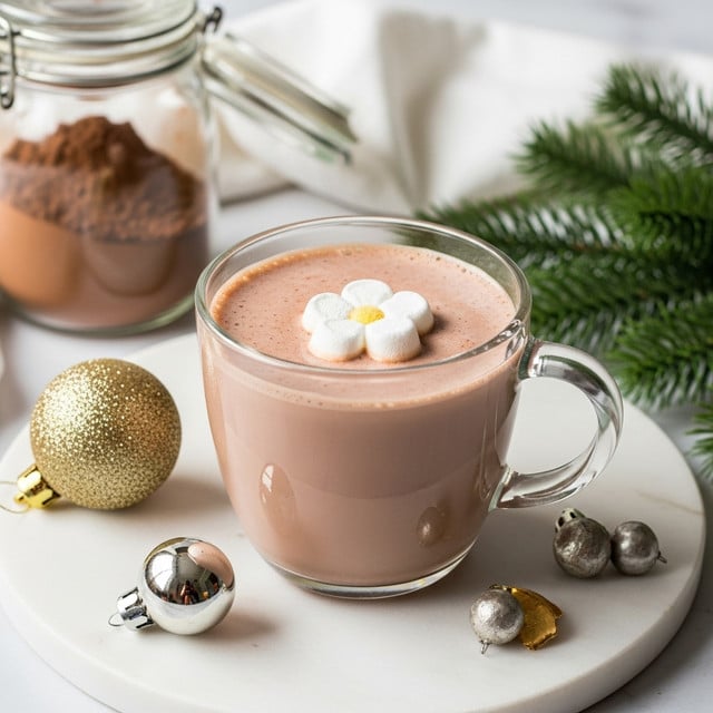 A clear glass mug filled with smooth, light brown hot chocolate topped with a single white marshmallow shaped like a flower floating on the surface. The mug sits on a round white marble surface with a gold glittery ornament and a smaller shiny silver ornament placed nearby. In the background, there is a glass jar filled with cocoa powder and a white cloth draped softly. Some green pine tree leaves peek from the right side, adding a cozy holiday feel. photo taken with an iphone --ar 4:5 --v 7