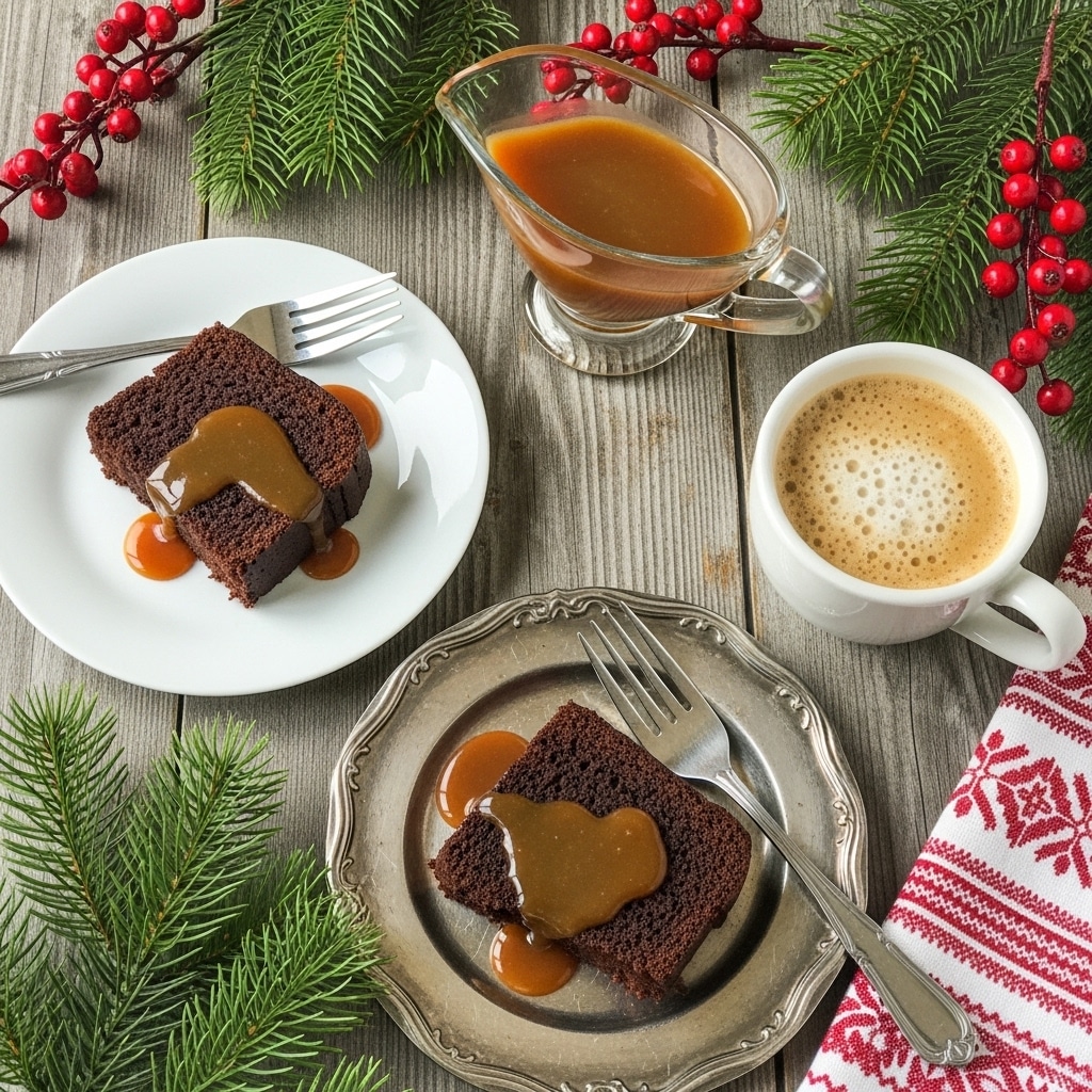 The image shows two slices of dark brown chocolate cake with a moist texture, each placed on separate plates; the first slice sits on a white plate with a fork on the right side, and the second slice is on an ornate silver plate with a fork placed above it, both slices topped with a glossy, thick caramel sauce that drips slightly over the edges. Nearby, there is a clear glass gravy boat filled with more caramel sauce, alongside a white cup filled with frothy coffee. The dishes and drink are set on a wooden surface with natural grain patterns, surrounded by red berries, evergreen pine branches, and a cloth napkin with red and white patterns, all arranged harmoniously. photo taken with an iphone --ar 4:5 --v 7