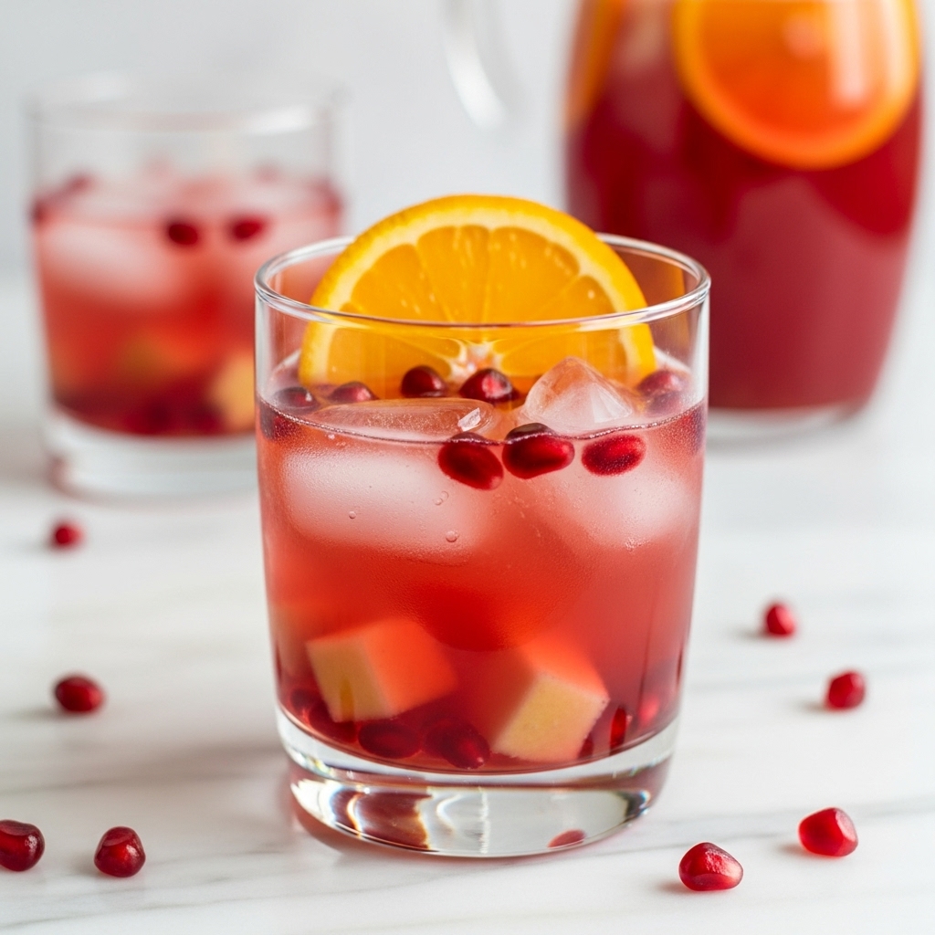 The image shows a clear glass filled with a pinkish-red drink containing ice cubes. Inside the glass, there are small pieces of light-colored fruit, scattered red pomegranate seeds, and a round slice of orange placed near the top. The glass sits on a white marbled surface. In the blurry background, there is another similar glass and a clear pitcher with an orange and red drink inside. The whole setting looks fresh and bright. photo taken with an iphone --ar 4:5 --v 7