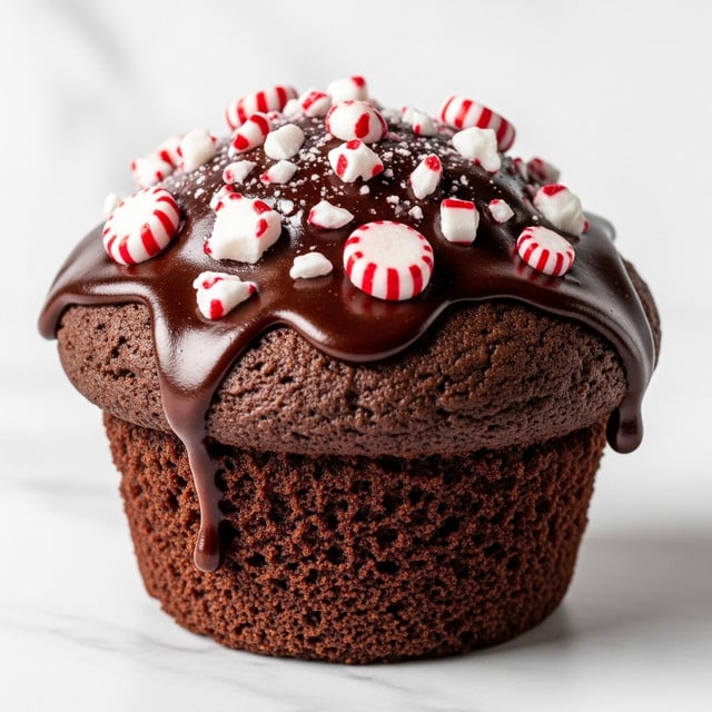 A close-up view of a chocolate muffin with a rich, dark brown color and a slightly rough texture. The muffin is topped with a thick layer of shiny, dark chocolate glaze that drips slightly down the sides. On top of the glaze, there are small white and red striped peppermint candy pieces scattered evenly, adding bright spots of color and a crunchy texture. The background is a white marbled texture, adding a clean and simple contrast to the deep, warm tones of the muffin. photo taken with an iphone --ar 4:5 --v 7