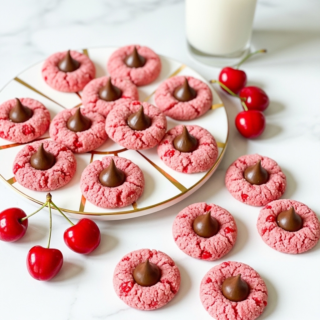 The image shows a group of pink thumbprint cookies arranged on a circular white plate with gold accents, sitting on a white marbled surface. Each cookie has a crumbly, sugar-coated texture with small red bits mixed in and is topped with a smooth, shiny, dark chocolate kiss placed in the center. Around the plate, there are a few whole bright red cherries with stems adding a fresh contrast in color. Several more cookies are scattered directly on the white marbled surface near the plate. In the background, there is a tall glass of milk. The overall scene is bright and clean with a light and airy feel. photo taken with an iphone --ar 4:5 --v 7