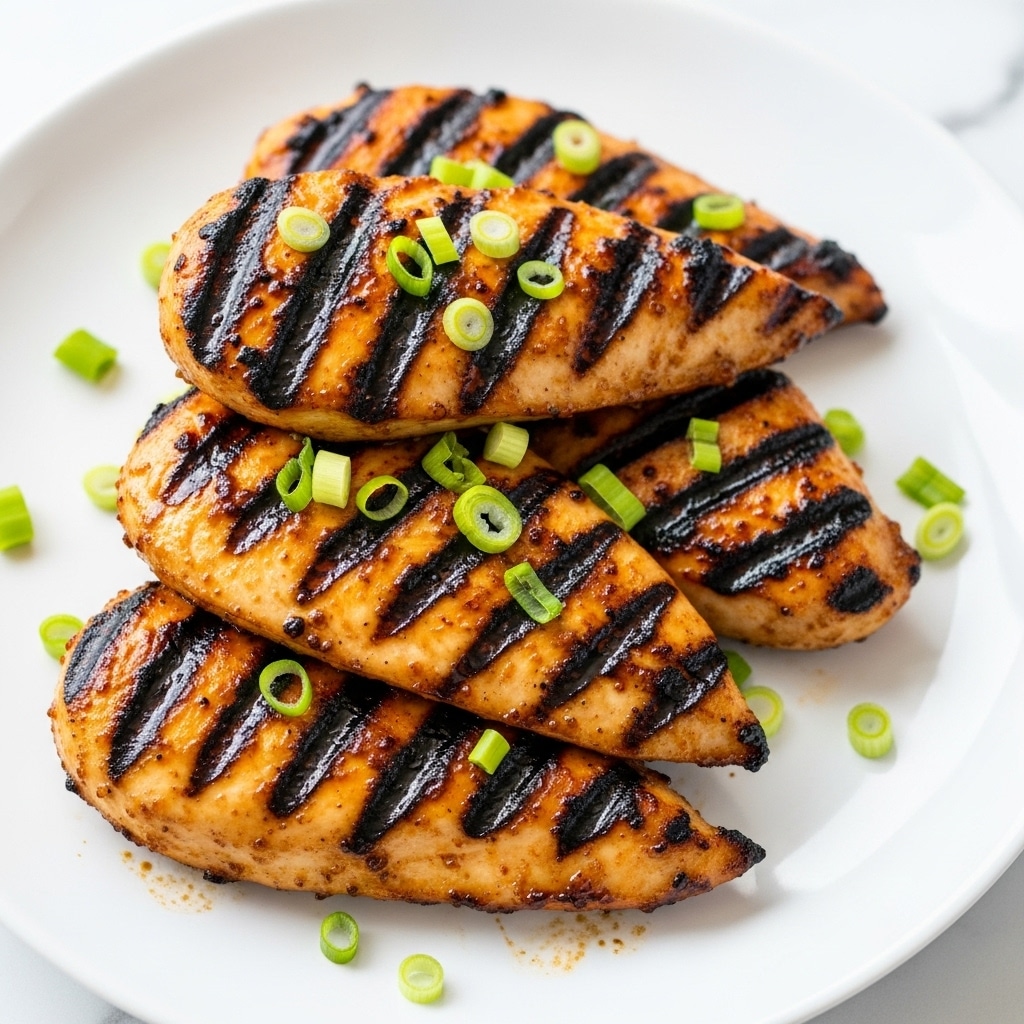 A white plate is filled with several grilled chicken pieces stacked in two layers; the bottom layer shows slightly glossy, golden-brown chicken with char marks, while the top layer features more prominent dark grill lines and a shiny, caramelized texture. Scattered green onion slices add a bright green contrast on top and around the chicken. The plate is set on a light wooden surface, with a blurred black and white striped cloth in the background over a white marbled texture. photo taken with an iphone --ar 4:5 --v 7