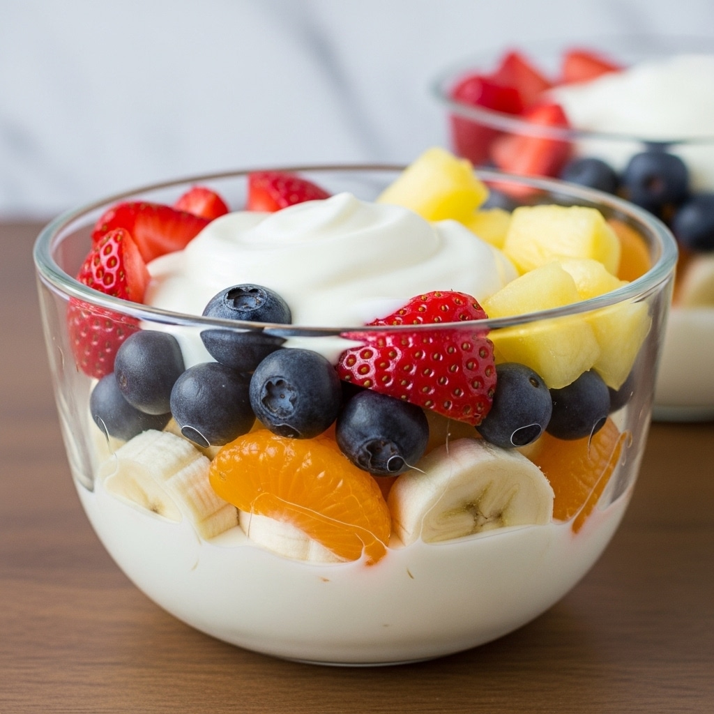 The image shows a clear glass bowl filled with a colorful fruit salad mixed with creamy yogurt. The salad layers include bright red strawberries with small seeds, dark blue blueberries, white slices of banana, orange mandarin segments, and pale yellow chunks of pineapple, all covered lightly in smooth, creamy white yogurt. The bowl is placed on a brown wooden surface with a soft-focus white marbled texture in the background, and another similar bowl can be seen blurred behind it. The bright colors of the fresh fruit contrast with the creamy texture of the yogurt, making the dish look fresh and inviting. Photo taken with an iphone --ar 4:5 --v 7