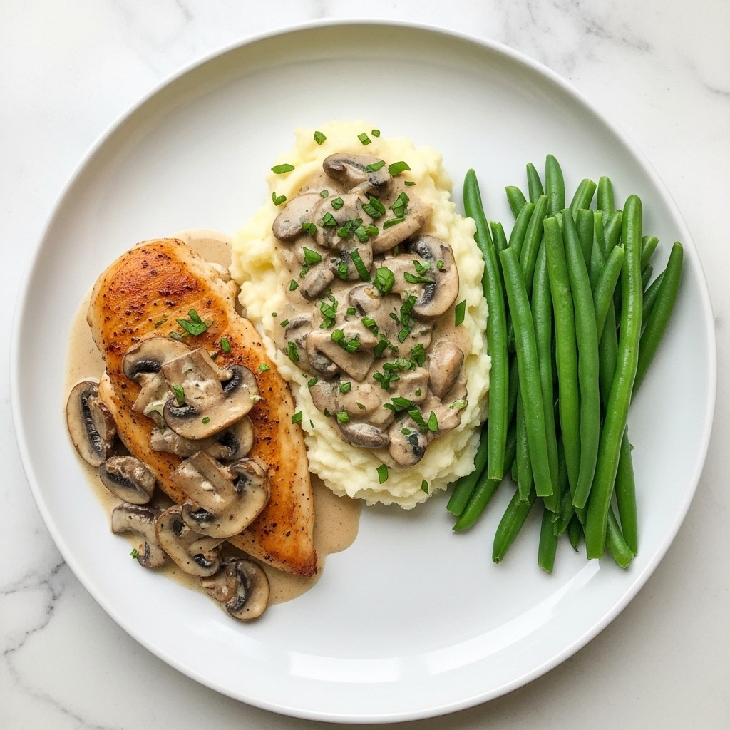 The image shows a close-up of four golden brown chicken breasts cooked in a creamy light beige mushroom sauce inside a dark pan. The chicken pieces are browned on top with a crispy look and are partly covered with thick cream sauce that has visible sliced mushrooms and chopped green herbs sprinkled on everything. A gold spoon filled with sauce and mushrooms rests in the pan next to the chicken. The background is a white marbled texture. photo taken with an iphone --ar 4:5 --v 7