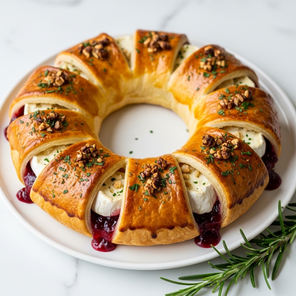 The image shows a golden-brown ring-shaped pastry on a white plate, placed on a white marbled surface. The pastry has eight thick segments with a flaky crust that glistens with a shiny, baked finish. Each segment is topped with finely chopped herbs and small bits of toasted nuts, adding texture and a hint of green. The inside layers of the pastry reveal a soft, creamy white cheese filling, surrounded by a rich, deep red berry jam that oozes slightly. A sprig of fresh rosemary rests near the plate, complementing the colors and adding a fresh touch. Photo taken with an iphone --ar 4:5 --v 7