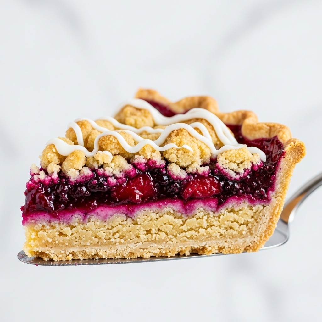 A close-up of a single slice of berry crumb pie held on a metal pie server, showing three clear layers: the bottom crust is golden and crumbly, thick and crisp; the middle layer is a deep purple-red berry filling with a glossy, juicy texture; the top layer is a light golden crumb topping with small clumps and a drizzle of white icing spread unevenly over it. The pie slice is shown against a clean white marbled background. photo taken with an iphone --ar 4:5 --v 7