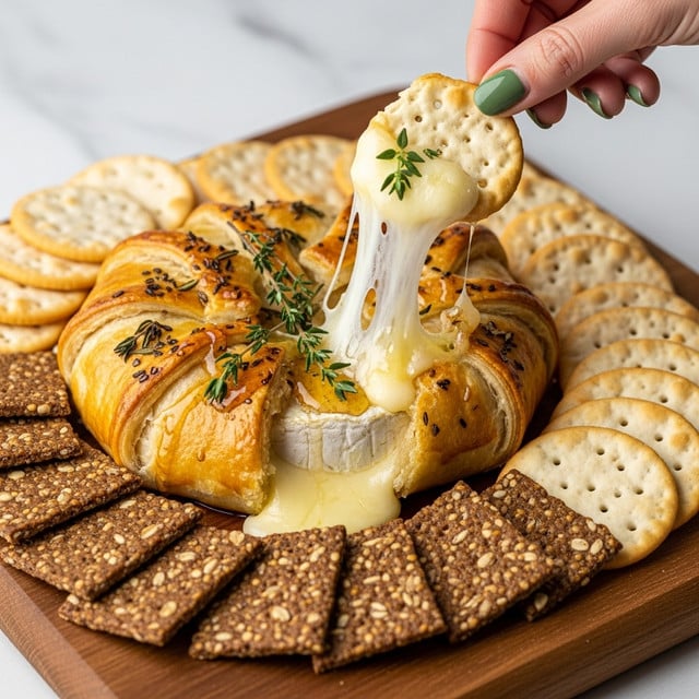 A round baked pastry with a golden brown, flaky crust sits on the left side of a wooden serving board. The pastry is partially cut open, revealing melted creamy white cheese oozing out with a sticky brown sauce on top. Surrounding the pastry are two types of crackers: square, dark brown seed-studded crackers with a rough texture arranged closely at the bottom, and light golden toasted baguette slices with porous texture spread across the top and right side. Fresh green sprigs of thyme are just above the dark crackers and among the baguette slices. The scene is set on a white marbled textured surface. photo taken with an iphone --ar 4:5 --v 7