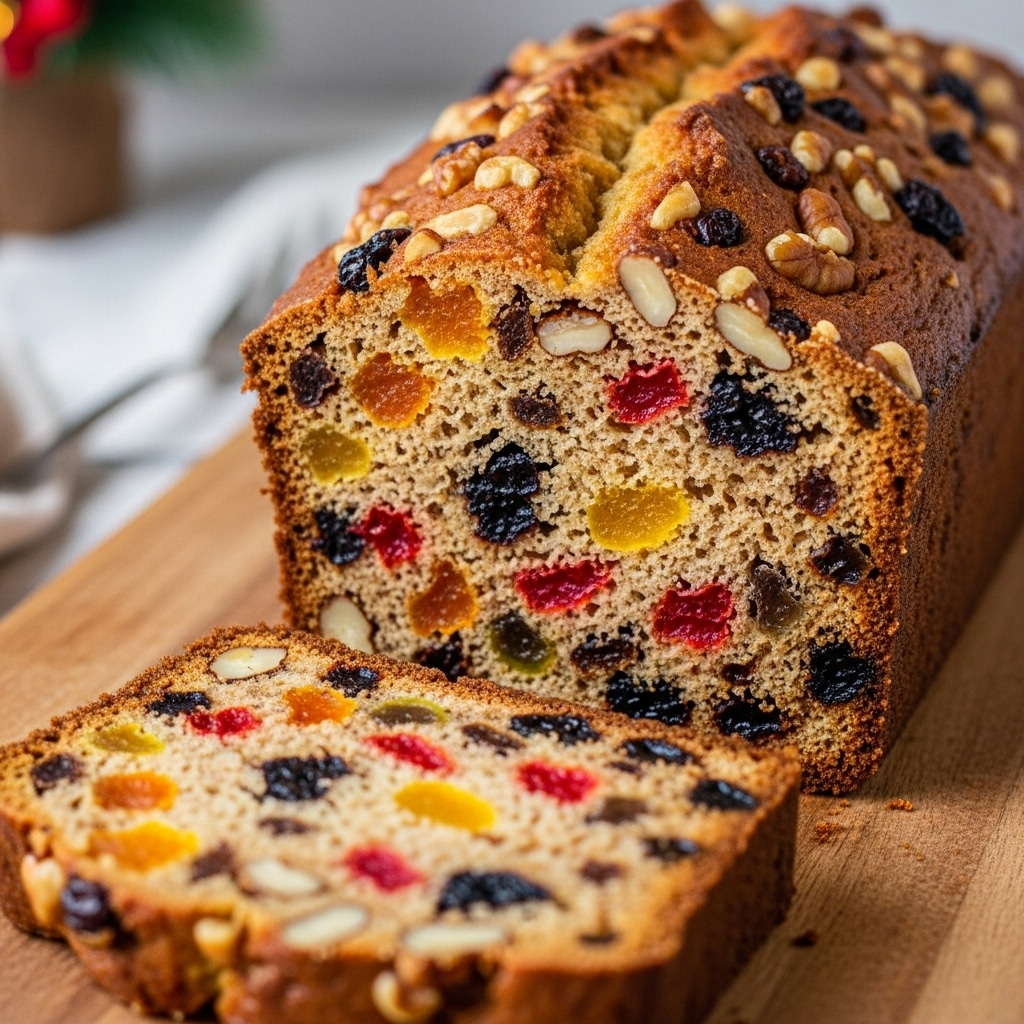 A close-up view of a fruitcake loaf on a wooden board, with one thick slice cut and lying flat in front. The cake has a dense texture filled with colorful layers of dried fruits and nuts, including bright yellow, red, and dark brown pieces scattered evenly throughout. The top of the cake is slightly rough with visible nuts, adding a crunchy texture. The background is softly blurred with warm lighting, and the surface beneath is a white marbled texture. Photo taken with an iphone --ar 4:5 --v 7