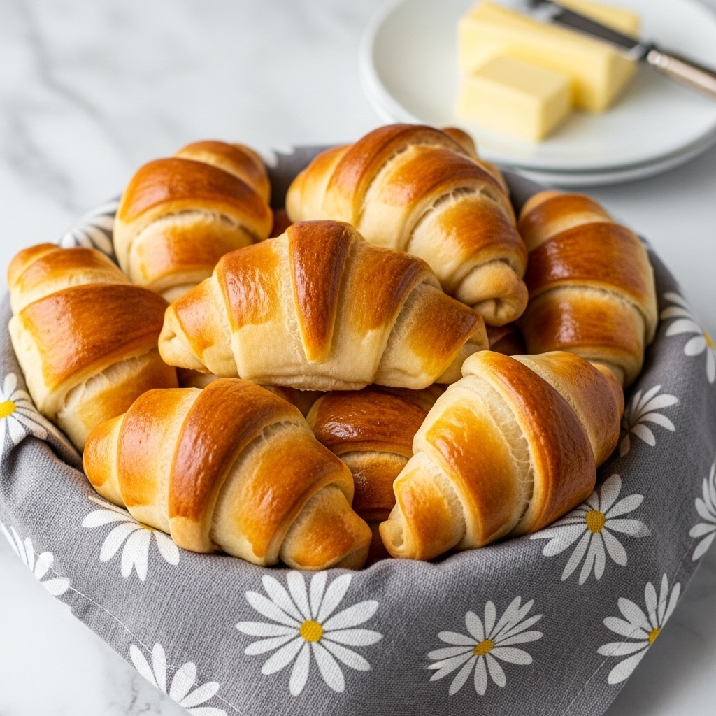 A basket lined with a grey cloth with white flower patterns holds about a dozen shiny, golden-brown crescent rolls. Each roll is plump, with soft, flaky layers spiraling outward from a slightly darker center, showing smooth, glossy tops and lighter, fluffier sides. The basket is placed on a white marbled surface. In the blurred background, there is a white plate with a block of pale yellow butter and a butter knife. Photo taken with an iphone --ar 4:5 --v 7