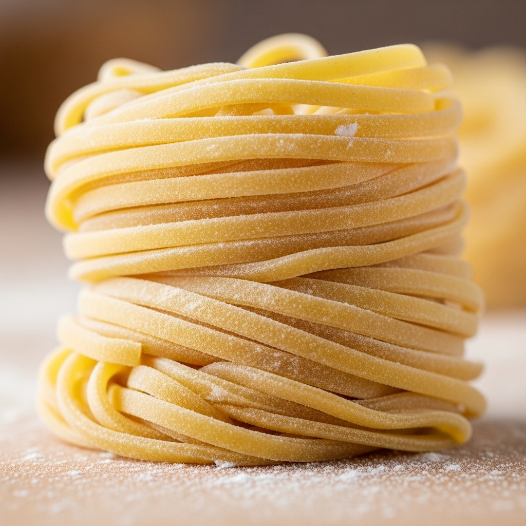 A close-up image of a neatly folded bundle of fresh, uncooked pasta noodles. The noodles are pale yellow, smooth, and slightly dusted with white flour, giving a soft powdery texture on the surface. The noodles are layered tightly in long, thin strands stacked and folded over themselves on a wooden surface lightly sprinkled with flour. The background is blurred with a warm tone, creating focus on the pasta shape and texture, photo taken with an iphone --ar 4:5 --v 7