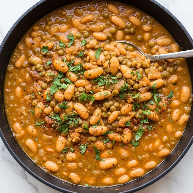 A close-up view of a creamy stew in a black pan filled with soft white beans and green lentils. The stew is thick and golden brown with a glossy texture. It is topped with finely chopped green herbs and sprinkled with red spices that add color contrast. A silver spoon is partially visible at the top right side, resting in the stew. The pan sits on a white marbled surface. photo taken with an iphone --ar 4:5 --v 7
