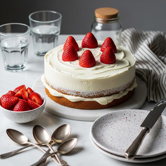 A two-layer round cake covered with smooth white cream sits on a white marbled surface, with six whole red strawberries evenly placed on top in a circle. The cake layers slightly peek through the thin cream layer on the side. Next to the cake is a small white bowl filled with sliced strawberries. In the foreground are four vintage silver spoons and a white plate with red specks, accompanied by a long cake knife. The background shows two clear glasses of water, a small jar with a cork lid, and a striped cloth. The lighting highlights the fresh texture of the strawberries and cream, with a muted, cozy atmosphere. photo taken with an iphone --ar 4:5 --v 7