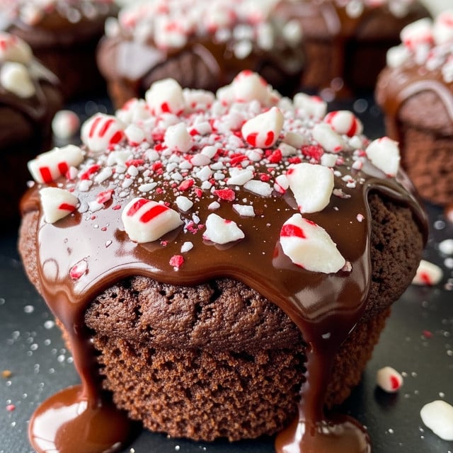 A close-up view of a chocolate muffin with a rough textured dark brown base layer. On top, thick glossy chocolate sauce drips over the muffin edges, creating a shiny uneven layer. Bright white and red crushed peppermint candy pieces are scattered generously over the chocolate sauce, adding color contrast and a crunchy texture. The background shows a blurred dark surface with other similar muffins slightly out of focus. Photo taken with an iphone --ar 4:5 --v 7