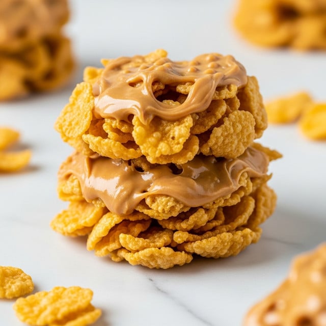 A close-up view of a no bake peanut butter cornflake cookie sitting on a white marbled surface. The cookie is a small mound made of several layers of golden yellow cornflakes coated and held together by a thick, creamy layer of light brown peanut butter. The glossy peanut butter smoothly covers some of the uneven cornflakes, giving the cookie a textured, chunky, and sticky look. Around the main cookie, there are a few scattered cornflakes with the same peanut butter coating partially visible in the blurred background. The lighting highlights the shiny, smooth peanut butter and the rough, crispy texture of the cornflakes. photo taken with an iphone --ar 4:5 --v 7