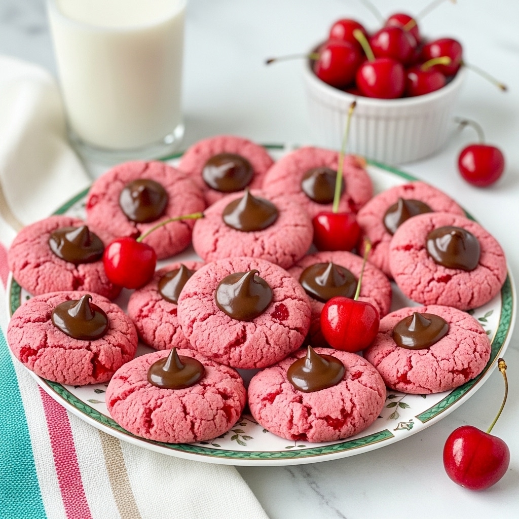 The image shows a plate filled with about thirteen pink cookies that have small red bits inside. Each cookie is round and slightly cracked on the surface, with a smooth, cone-shaped dollop of shiny chocolate in the center. The cookies are placed closely together on a white plate with green and gold designs. Among the cookies, a few bright red cherries with stems are scattered, adding a pop of color. In the background, there is a small white bowl filled with more cherries and a tall glass of milk. The scene is set on a white marbled surface, with a white cloth that has teal, pink, and beige stripes partially visible on the bottom left. photo taken with an iphone --ar 4:5 --v 7