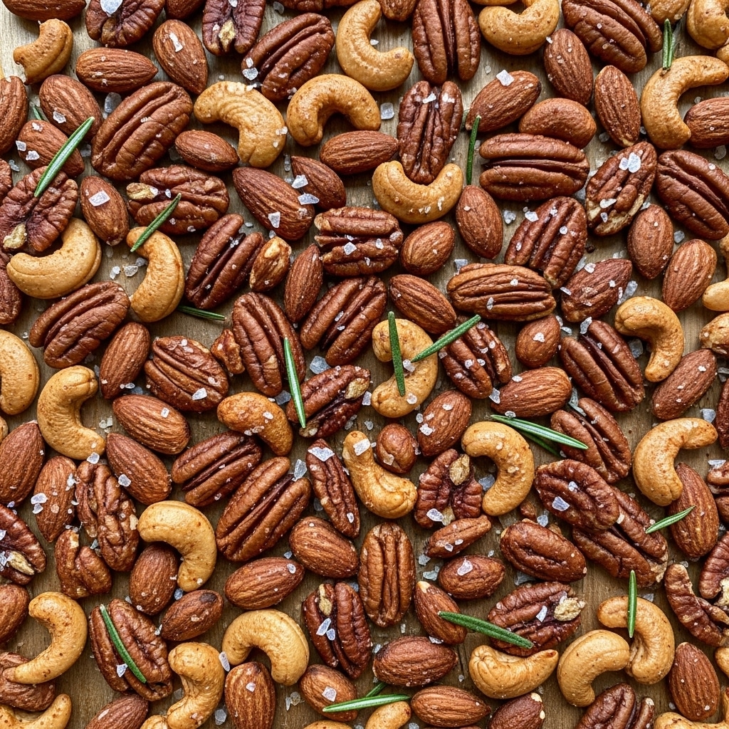 A close-up view of a single layer of mixed nuts spread evenly on a baking sheet with a light wooden texture, all nuts roasted and coated with seasoning giving them a reddish-brown color. The nuts include pecans with a wrinkled and ridged texture, almonds that are smooth and oval-shaped, and cashews with their distinct curved shape and smooth surface. Scattered throughout the nuts are small bright green fresh rosemary sprigs, adding a pop of color and freshness. Light flakes of sea salt are sprinkled over the nuts, giving a subtle shine and texture contrast. The photo is clear and sharp, showing the rough texture of the nuts and the fine herbs. Photo taken with an iphone --ar 4:5 --v 7