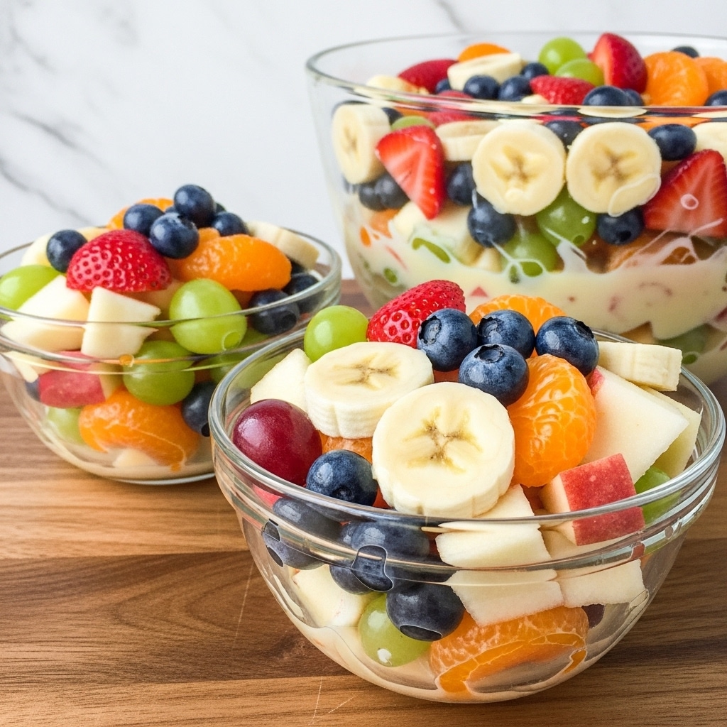 A close-up view of two clear glass bowls and one large clear glass bowl filled with mixed fruit salad placed on a wooden surface. The fruit salad has several layers of colorful fresh fruits, including white banana slices, red strawberries, green grapes, orange mandarin segments, blue blueberries, and white apple pieces, all coated in a creamy, glossy dressing. The front bowl shows a mix of vibrant textures and colors, with banana rounds, orange segments, and blueberries as the top layer. The middle bowl displays a similar colorful mix, and the large bowl in the background is filled to the top with the same fruit salad. The background is a white marbled texture. photo taken with an iphone --ar 4:5 --v 7