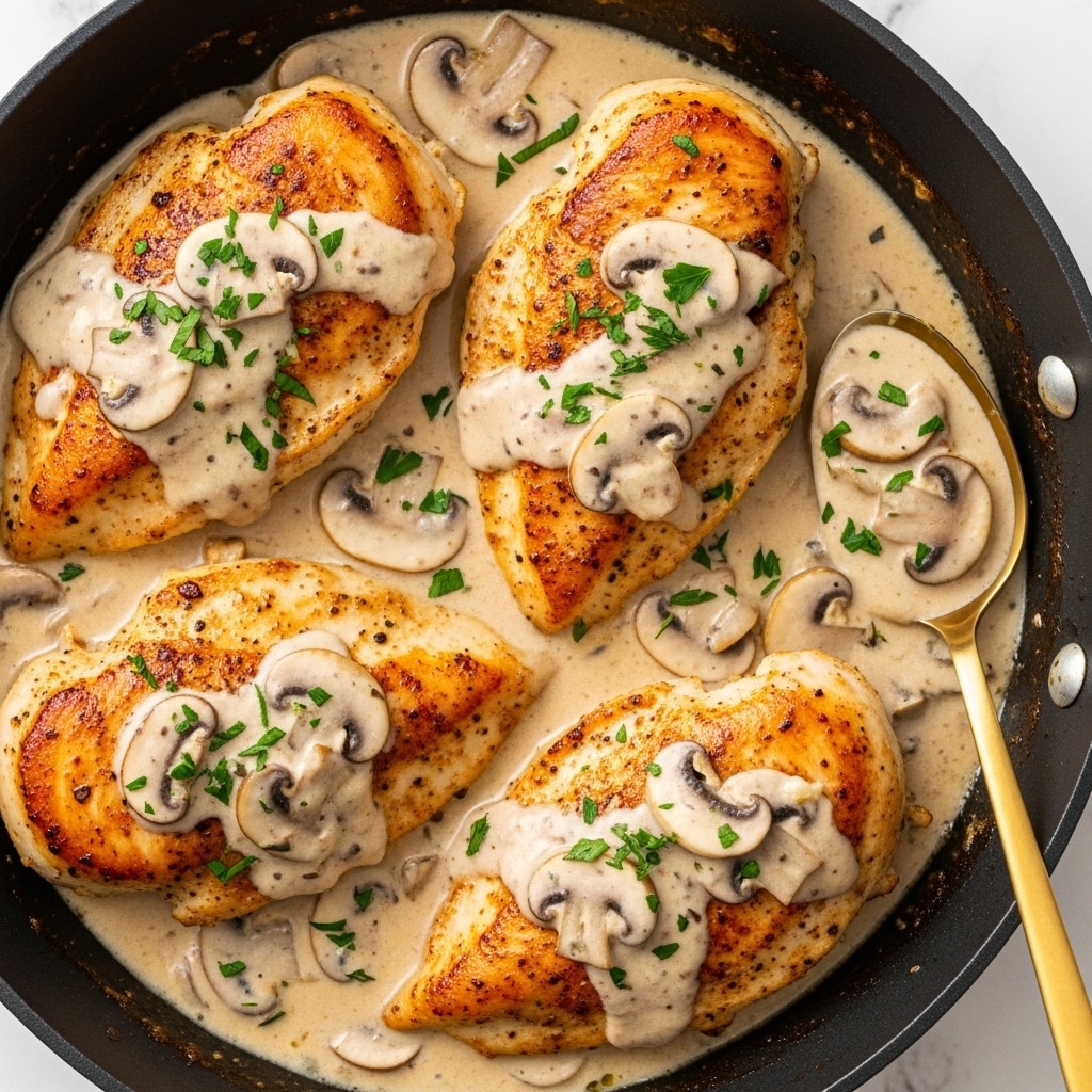 The dish shows a white plate with three main parts: on the left is a single piece of golden brown cooked chicken breast with a slightly crispy surface, layered on a creamy sauce with sliced brown mushrooms scattered over it; in the middle is a generous scoop of creamy mashed potatoes topped with more creamy mushroom sauce and finely chopped green herbs; on the right is a neat pile of bright green steamed green beans with a smooth texture. The plate sits on a white marbled textured surface. photo taken with an iphone --ar 4:5 --v 7