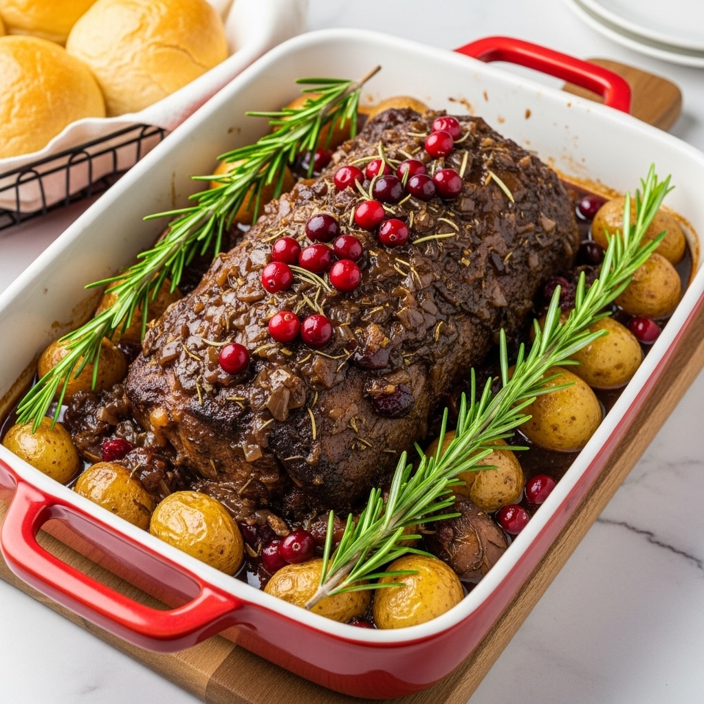 A white baking dish with red handles holds a cooked roast covered in a thick dark brown sauce mixed with herbs and small bits of onion, with red cranberries dotting the top. Around the roast are small golden-brown potatoes, partially submerged in the sauce. On top and resting on the sides of the roast are several long bright green rosemary sprigs adding fresh color. The dish rests on a white marbled surface with a wooden board underneath, and in the background, there is a basket with light golden rolls. Photo taken with an iphone --ar 4:5 --v 7