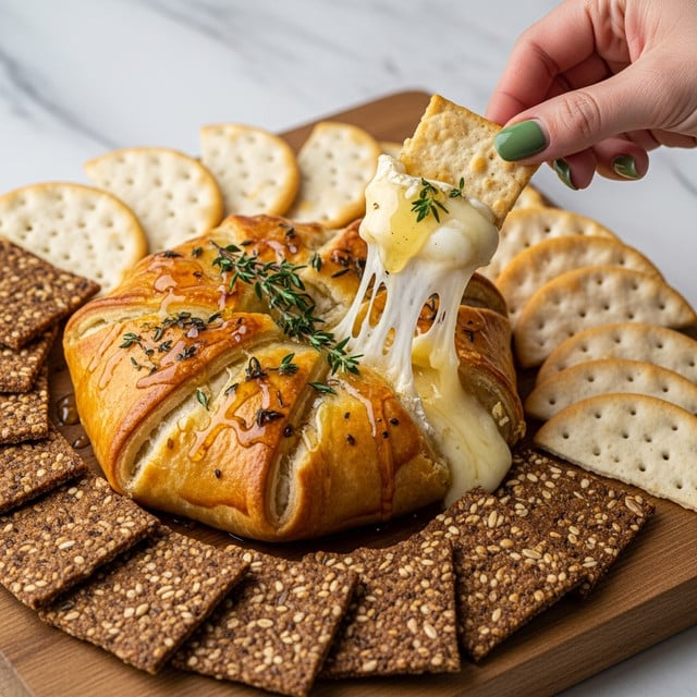 A close-up image shows a wooden board holding a baked brie wrapped in golden-brown puff pastry with visible herb sprigs baked into the crust, the pastry is slightly cracked open to reveal soft, melted cheese that is stringy and creamy white with drips of golden honey and fresh thyme leaves on top. Around the baked brie are layers of two different crackers: light beige curved slices with a rough texture on the right side, and darker brown square crackers with visible seeds and spots on the bottom. A woman’s hand with a manicure featuring a green tip holds one of the light beige crackers dipped into the melted cheese, showing the cheese stretching as the cracker lifts. The entire scene rests on a white marbled textured surface. Photo taken with an iphone --ar 4:5 --v 7