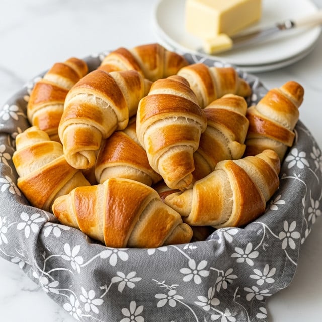 A basket lined with white parchment paper holds a pile of soft golden-brown crescent rolls, each with a light, shiny crust and visible curved layers that give a plump and fluffy look. The rolls are arranged closely together, showing their smooth, slightly cracked tops with warm gradients of tan and cream. The basket sits on a white marbled surface, partially covered by a gray cloth napkin with white floral patterns. In the background, there is a white plate with a stick of butter and a knife resting on it. The setting looks bright and clean, perfect for a cozy breakfast scene photo taken with an iphone --ar 4:5 --v 7