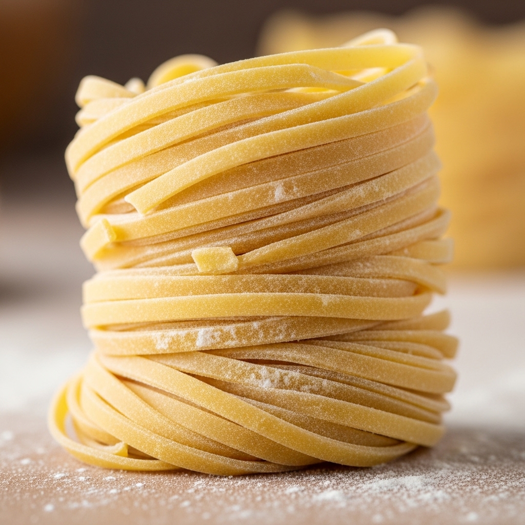 A bundle of fresh, uncooked pasta strands folded neatly on a wooden board, with a slight dusting of white flour scattered around it. The pasta strands are pale yellow with a smooth, slightly shiny texture, tightly layered in a thick, rectangular shape that shows the individual long noodles stacked side by side. The background is softly blurred, focusing attention on the detailed texture of the pasta and wooden surface beneath. Photo taken with an iphone --ar 4:5 --v 7