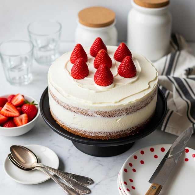 A round cake with two visible layers is covered evenly with smooth white cream. On top, six whole bright red strawberries are placed in a circle around the edge, pointing upwards. The cake sits on a black stand, set on a surface with a white marbled texture. Next to the cake is a small white bowl filled with sliced red strawberries, four vintage silver spoons overlapping each other, and a white plate with red dots and a large knife resting on it. In the background, there are two glasses of water, a white container with a cork lid, and a black and white striped cloth. photo taken with an iphone --ar 4:5 --v 7