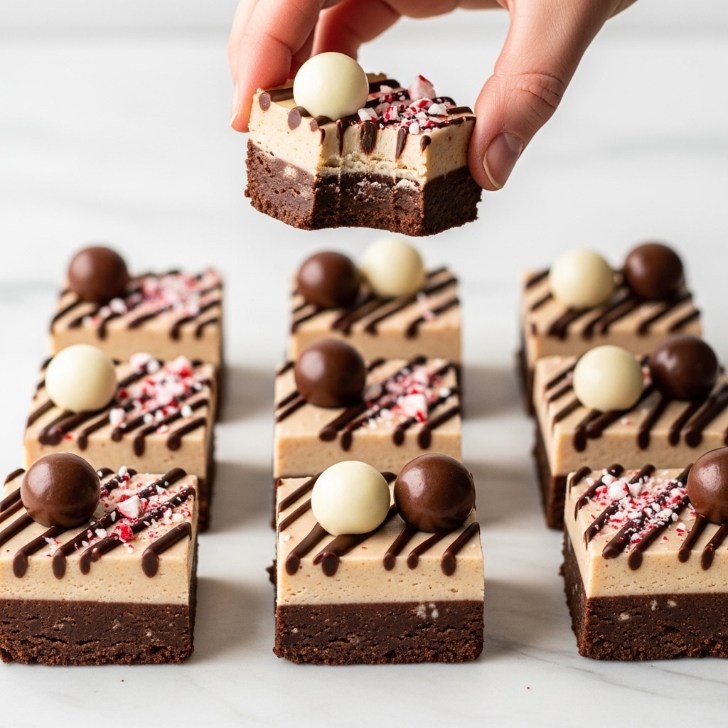 The image shows square pieces of peppermint mocha fudge arranged neatly on a white marbled surface. Each piece has two visible layers: a dark brown bottom layer with a rich, dense texture, and a thicker light beige top layer that looks smooth and creamy. The top of each fudge piece is decorated with thin lines of dark chocolate drizzle and sprinkled with small red and white peppermint candy shards. On top of some squares, there are round chocolate or peppermint candy balls in dark brown or white colors, adding a shiny contrast. One piece is held above the rest by a woman's hand, showing a bite taken out that reveals the clean two-layer structure clearly. photo taken with an iphone --ar 4:5 --v 7