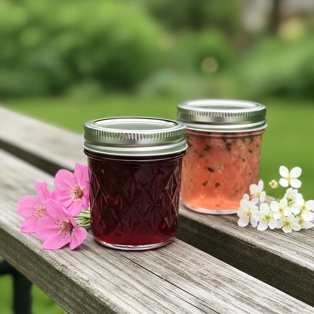 Two small glass jars with silver lids are sitting on a wooden bench with a rough texture. The jar in front has a deep red jelly inside with a diamond pattern on the glass, while the jar behind it contains a light pink jelly with the same pattern. Pink flowers lie beside the jars on the left and white flowers are on the right. The background is a soft-focused green garden. photo taken with an iphone --ar 4:5 --v 7