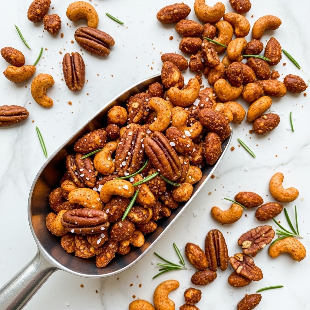 The image shows a large scoop filled with a mix of roasted nuts including cashews, pecans, and almonds, all coated in a reddish-brown seasoning that gives them a spicy, roasted look. The nuts appear crunchy with a textured coating, sprinkled with coarse salt and small green rosemary sprigs scattered throughout both in the scoop and on the white marbled surface below. The background is a white marbled texture with the nuts spread out unevenly, creating a warm and inviting feel. Photo taken with an iphone --ar 4:5 --v 7