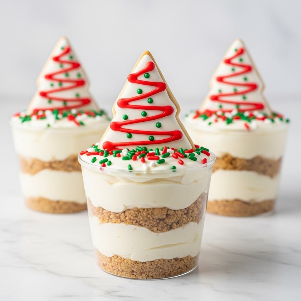 The image shows three layered dessert cups with a white creamy base, followed by a light brown crumb layer in the middle, and topped with a thick layer of white cream sprinkled with red and green sugar crystals. Each cup is decorated with a white, cone-shaped meringue resembling a Christmas tree, which is decorated with wavy red icing lines and small green sugar pieces. The background features a white marbled texture, and the focus is on the front dessert cup with two more blurred cups behind it. photo taken with an iphone --ar 4:5 --v 7
