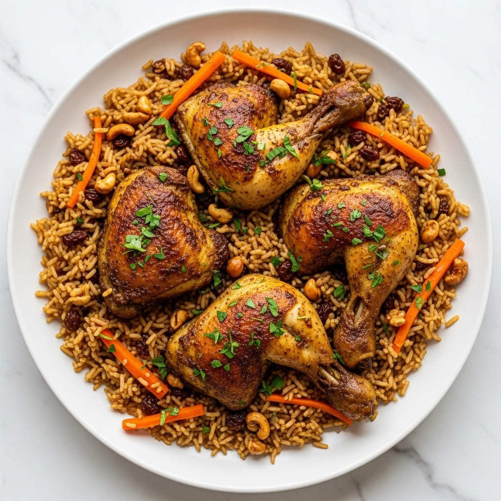 A large white plate is filled with a base layer of cooked brown rice mixed with thin orange carrot strips, raisins, and slivered almonds, creating a textured and colorful foundation. On top, three pieces of dark roasted chicken legs and thighs with a shiny, crispy, and richly browned skin cover much of the rice. The dish is sprinkled with extra almond slivers and garnished with small bits of green herbs scattered over the chicken, adding a fresh touch. The plate sits on a white marbled surface. photo taken with an iphone --ar 4:5 --v 7