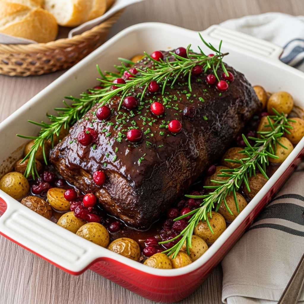 A large piece of dark brown roasted meat sits in the center of a white rectangular baking dish with red handles, covered in a shiny, thick sauce with small red cranberries and sprinkled green herbs on top. Around the meat, there are small golden-brown roasted potatoes soaking in the sauce. Fresh green rosemary sprigs lie over the top and sides of the meat, adding a vibrant touch. The dish rests on a wood-textured table with a basket of bread in the background, and a striped cloth partially visible on one side. photo taken with an iphone --ar 4:5 --v 7