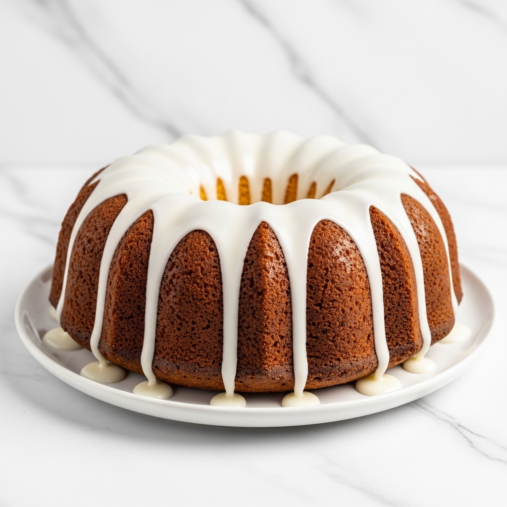 A bundt cake with a golden-brown outer layer sits on a white plate. The cake has a smooth texture with visible ridges from the bundt pan, and it is topped with a thick, glossy white icing that flows down the sides in thin drips. The background shows a white marbled surface that adds a clean and bright look to the image. Photo taken with an iphone --ar 4:5 --v 7