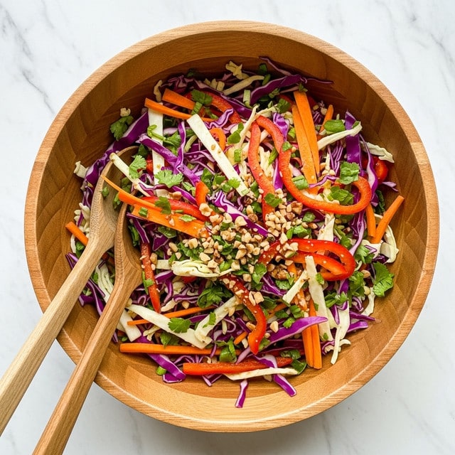 A large wooden bowl filled with a colorful mix of thinly sliced purple cabbage, white cabbage, bright orange carrot strips, and red bell pepper strips, mixed with small green herb pieces and sprinkled with chopped nuts, creating a fresh and vibrant salad. Two large wooden spoons rest on the side of the bowl. The bowl is placed on a white marbled textured surface. photo taken with an iphone --ar 4:5 --v 7