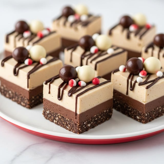 The image shows small square layered treats arranged neatly on a white plate with a red base, placed on a white marbled surface. Each treat has two thick layers: a dark chocolate bottom layer with a smooth texture and a lighter creamy beige top layer. The top is decorated with a drizzle of dark chocolate lines, small white and red candy pieces, and round chocolate balls in both dark and white colors. The focus is on the front treats, with a soft blur on the background pieces, highlighting the neatness and detailed decoration. photo taken with an iphone --ar 4:5 --v 7
