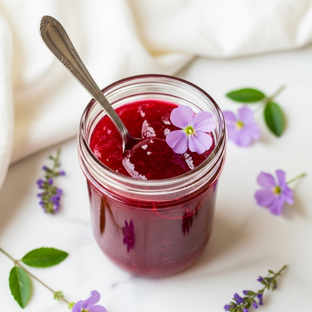 A clear glass jar filled with bright red jelly sits on a white marbled surface. The jelly is smooth and shiny, with a silver spoon dipped into it, the spoon reflecting the red color. A single light purple flower rests on the edge of the jar where the spoon meets the jelly. Around the jar, there are several small purple flowers and green leaves scattered lightly. A white cloth with soft folds is draped in the background. photo taken with an iphone --ar 4:5 --v 7