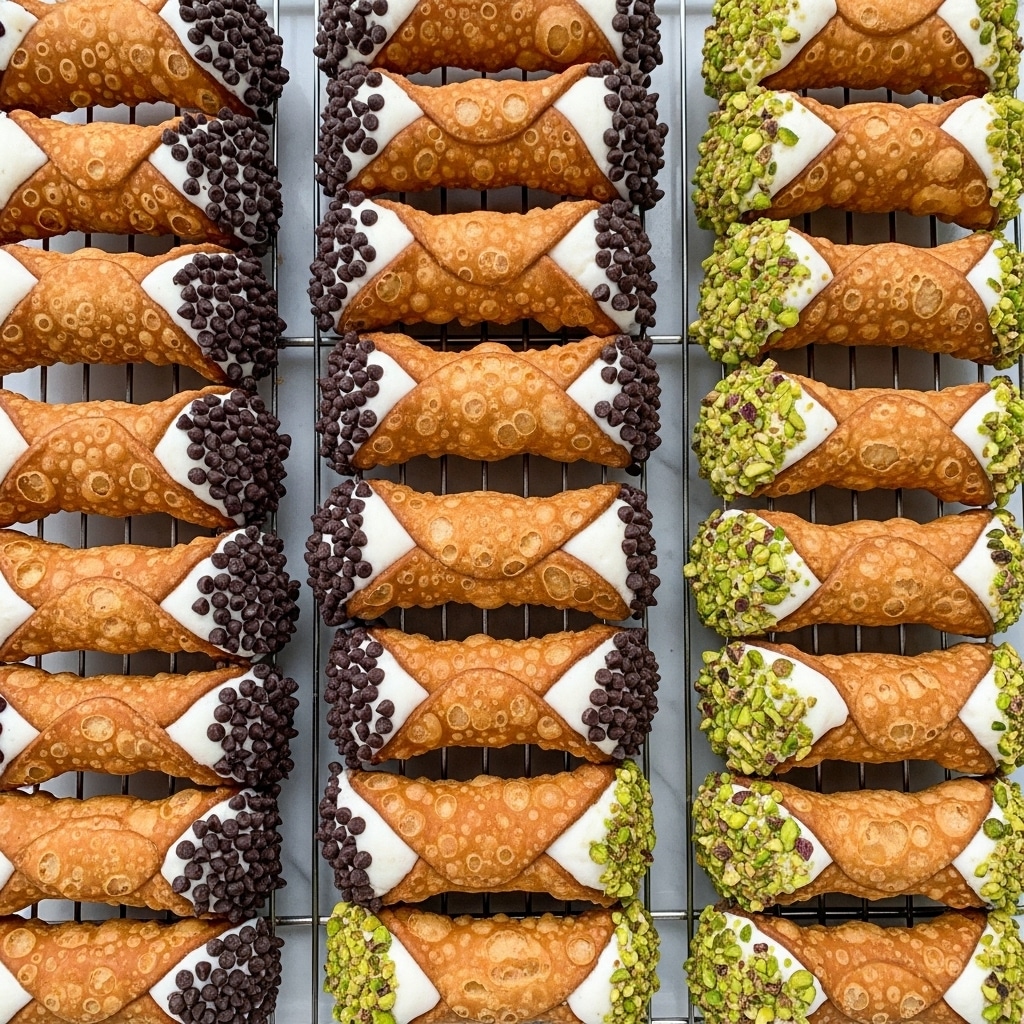 The image shows many golden brown cannoli shells arranged on a cooling rack over a white marbled surface. Each cannoli has two visible layers: the crispy, bubbly-textured shell on the outside and smooth, creamy white filling inside. The ends of the cannoli are dipped in either small dark chocolate chips or chopped green pistachios, creating a bright contrast against the creamy filling. The shells have a shiny, slightly oily look, suggesting they are freshly fried. The arrangement is neat but not perfectly uniform, with some cannoli pointing in different directions. photo taken with an iphone --ar 4:5 --v 7
