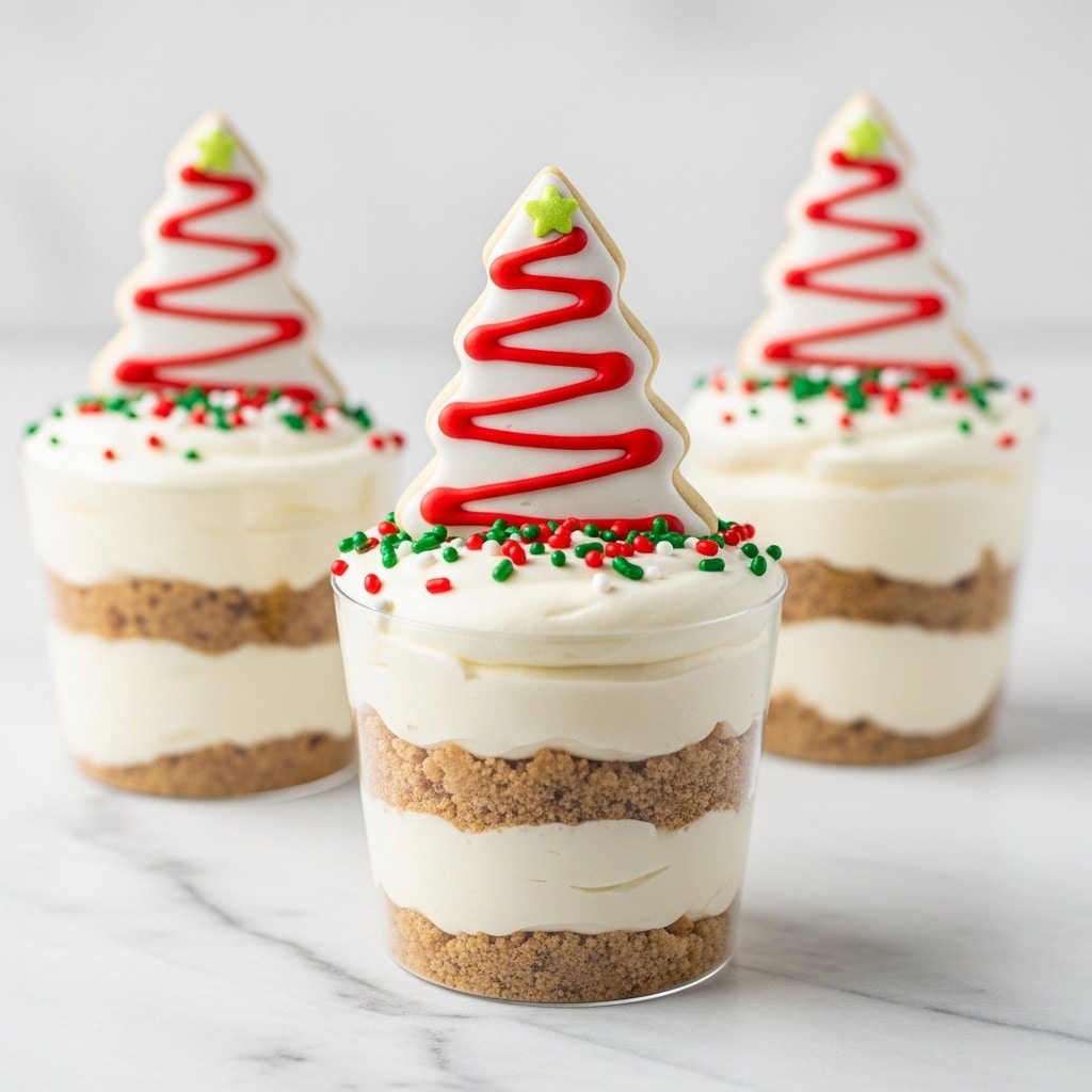 The image shows three small clear cups filled with a layered dessert placed on a white marbled surface. Each cup has three visible layers, starting with a thick white creamy layer at the bottom, followed by a light brown crumbly layer in the middle, and topped with another thick white creamy layer. The top layer is decorated with red and green sprinkles and a white triangular shaped tree cookie with red zigzag icing and green sprinkles, standing upright in the center of the dessert. The focus is sharp on the front cup while the other two cups are slightly blurred in the background. Photo taken with an iphone --ar 4:5 --v 7