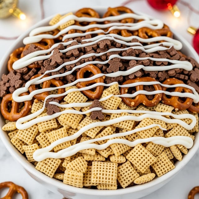A close-up of a white bowl filled with a layered snack mix. The bottom layer has pretzels that are brown and shiny, with a rough texture. The middle layer shows crunchy woven cereal pieces that are light brown with a slightly rough texture. The top layer is drizzled with thick white icing, which creates smooth, flowing lines over the snack mix. Small, dark brown gingerbread-shaped sprinkles are scattered across the layers, adding contrast. The bowl sits on a white marbled surface, and soft warm lights glow faintly in the background. photo taken with an iphone --ar 4:5 --v 7