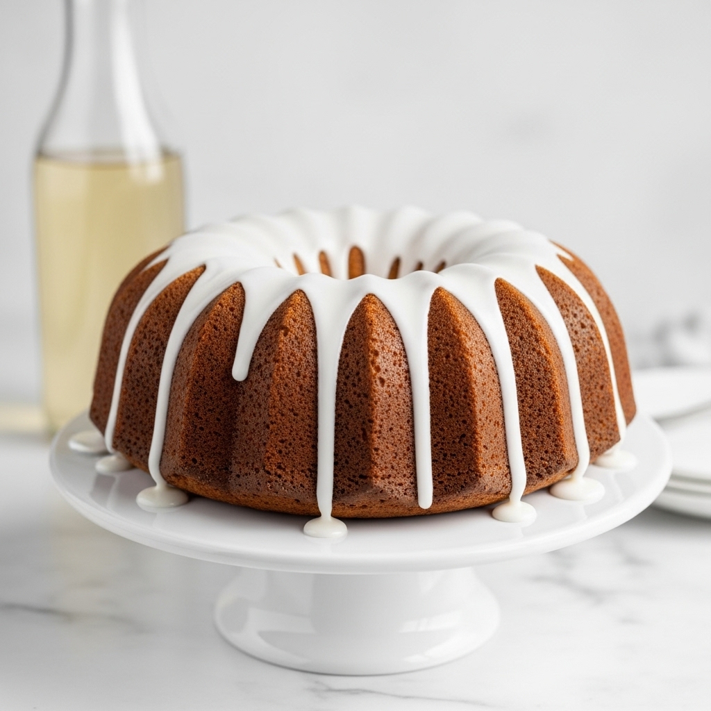 The image shows a bundt cake with smooth, golden brown sides and vertical ridges. It is covered by thick white icing dripping evenly down the sides, enhancing the ridges. The cake sits on a white cake stand with a wide base, placed on a white marbled surface. In the blurred background, there is a tall clear glass bottle filled with light-colored liquid. The overall look is simple, clean, and focuses on the textures of the cake and icing. photo taken with an iphone --ar 4:5 --v 7