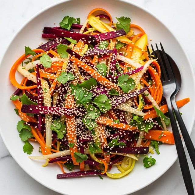 A white plate filled with a colorful salad, showing thin, long strips of bright orange carrots, deep purple beets, pale yellow and white vegetables, all mixed together with fresh green herbs like parsley and cilantro. The salad is sprinkled with small white sesame seeds on top, adding texture and tiny white spots all over. The vegetables look fresh and slightly glossy, with a mix of soft and crunchy textures visible. A dark fork and spoon rest on the plate’s edge, and the background is a white marbled surface. Photo taken with an iphone --ar 4:5 --v 7
