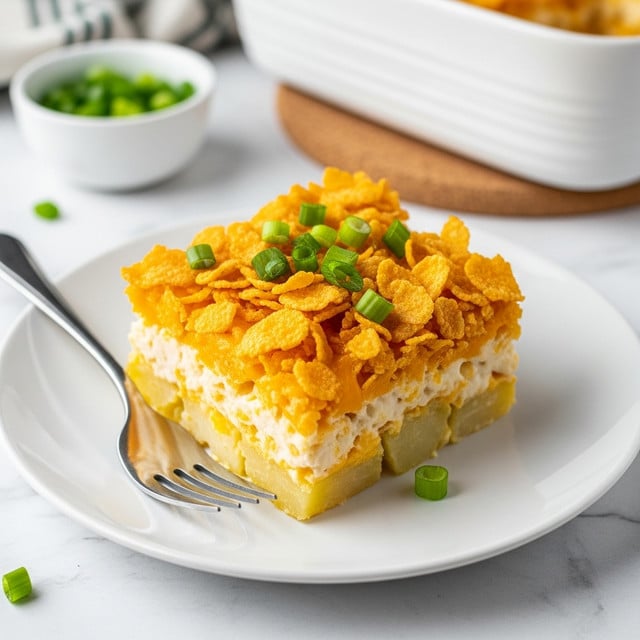 A white plate holds a single serving of a layered cheesy potato casserole. The bottom layer is made of soft, creamy white potato chunks mixed with melted cheese. On top, a crunchy layer of golden corn flakes adds texture, sprinkled lightly with chopped green onions adding a fresh green color. A silver fork rests on the plate, partially touching the casserole. In the blurry background, a small white bowl contains more chopped green onions, and a white casserole dish sits on a brown cork trivet. The surface beneath everything is a white marbled texture. Photo taken with an iphone --ar 4:5 --v 7