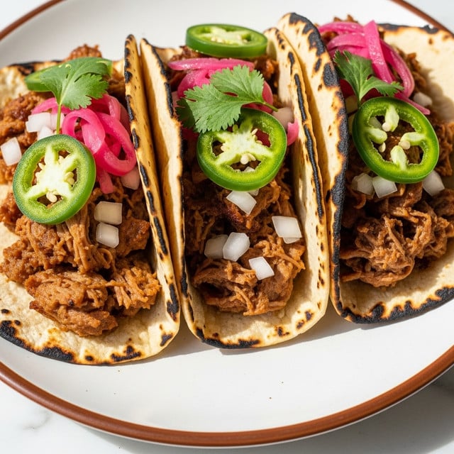 Three soft corn tortillas with a lightly charred edge sit on a white plate, resting on a white marbled surface. Each tortilla is filled with a base layer of shredded, dark brown cooked meat that looks juicy and tender. On top, there are green cilantro leaves, thin slices of fresh green jalapeño, diced white onions, and bright pink pickled onions scattered throughout, adding pops of color against the meat. The tortillas are slightly folded to showcase the fillings, with a close-up focus on the textures and vibrant colors. photo taken with an iphone --ar 4:5 --v 7
