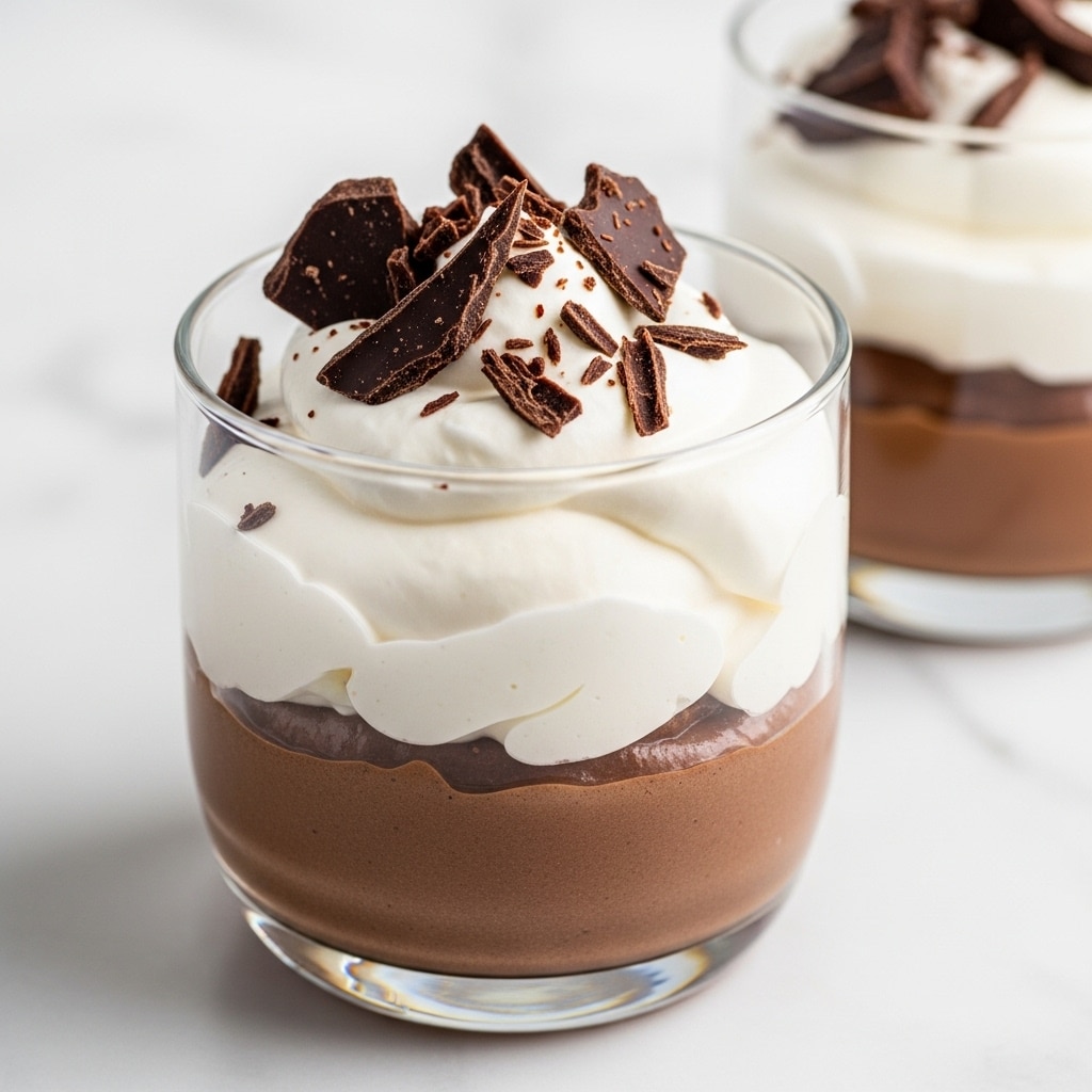 The image shows a close-up of a glass cup filled with a smooth, dark brown chocolate mousse as the bottom layer, topped with a thick, fluffy white whipped cream layer. On top of the whipped cream, there are irregular pieces of dark chocolate shavings, adding texture and contrast. The glass cup holding the dessert is clear, and the surface beneath is a white marbled texture. Another glass cup with the same dessert is partially visible in the background. photo taken with an iphone --ar 4:5 --v 7